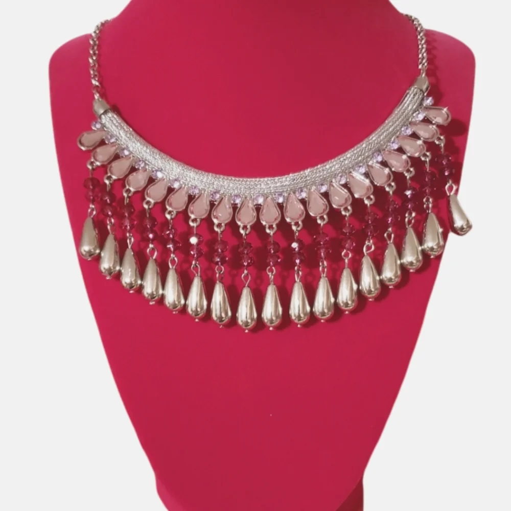 Big Bold Beautiful Pink Crystal Rhinestones Silver Teardrops Statement Necklace
